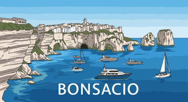 Coastal town perched on limestone cliffs overlooking a blue sea dotted with boats