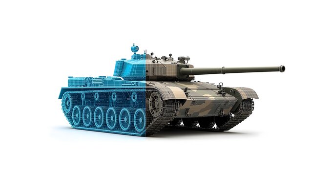 Modern battle tank 3D model with wireframe and textured view