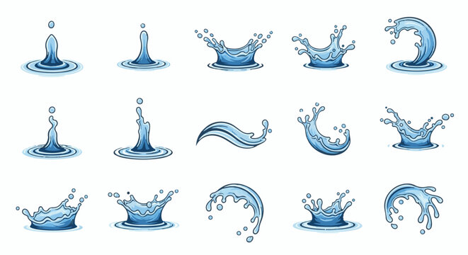 Collection of stylized pixel art water splashes and drops