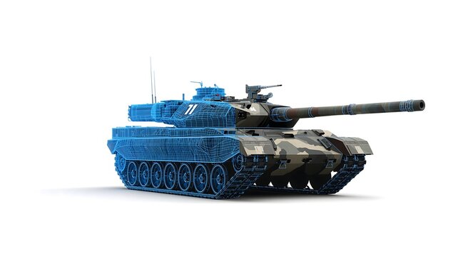 Modern combat tank with blue wireframe and camo design on white