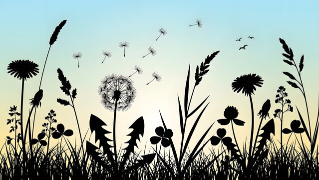 Dandelion flowers and wild grasses appear as dark silhouettes against a soft gradient sky background.