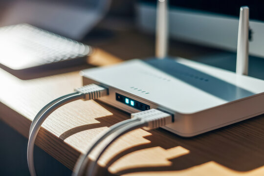 A close-up of a white wireless router with antennas connected by Ethernet cables on a wooden desk.