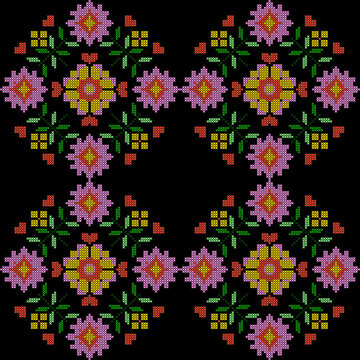 Colorful floral cross-stitch seamless pattern on black background, traditional embroidery folk art style for textile and craft design.