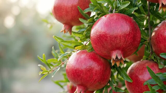 Close-up of ripe red pomegranates growing on a tree branch. Fresh organic fruit in a sunny orchard. Agricultural harvest concept