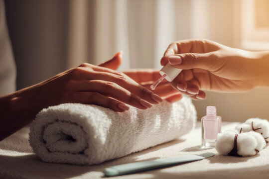 A person receiving a nail treatment with clear polish applied on their nails, resting on a rolled white towel with cotton and nail file nearby.
