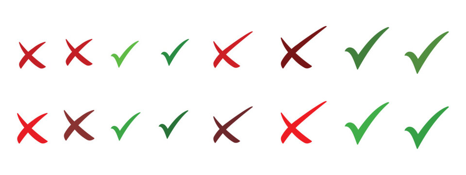 Checkmark icon and red cross vector, right, checkbox, checklist set. Vector illustration, Check tick and x cross symbols for validation, confirmation.