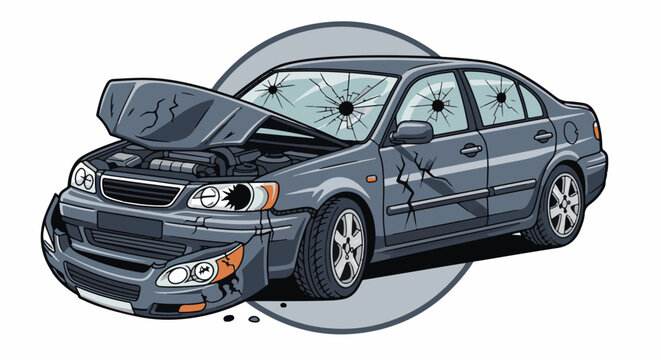 Damaged gray sedan with open hood, cracked windshields, and broken front end