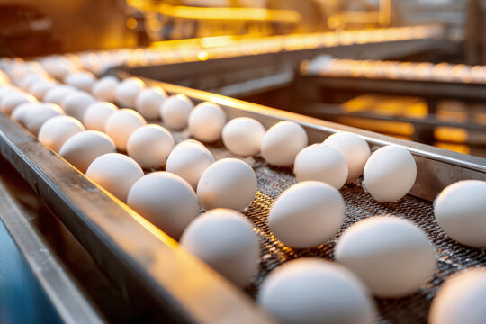 Fresh chicken eggs move along a stainless steel conveyor belt fo
