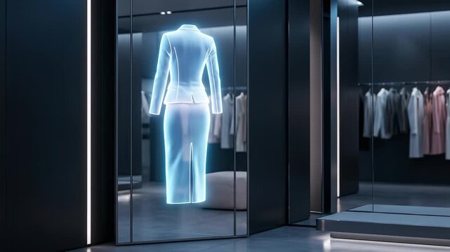 Futuristic holographic projection of a woman's suit in a modern retail store. Virtual fitting room display with glowing digital clothing. Augmented reality shopping concept