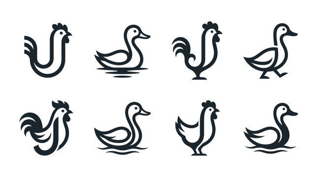 Black and white chicken duck icons.