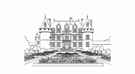 Fototapeta premium Detailed sketch of an ornate European manor with formal gardens