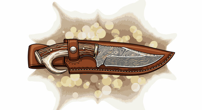 Detailed illustration of a hunting knife with a curved antler handle and sheath