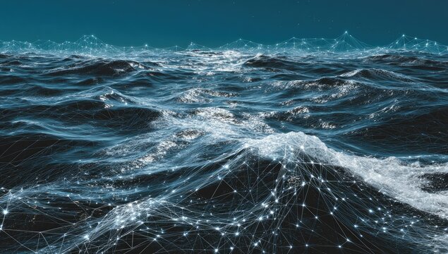 Digital network overlay on turbulent ocean waves, futuristic abstract concept
