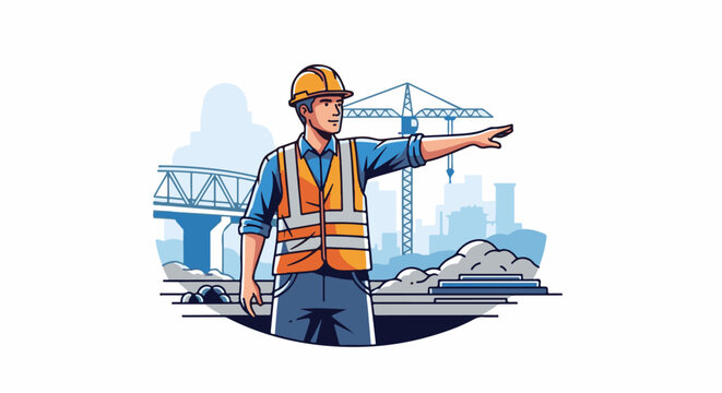 Construction worker pointing direction on site with crane and bridge in background