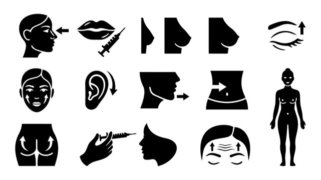Aesthetic Surgery Icons &ndash; Cosmetic Procedures, Face Lift, Body Contouring Silhouettes