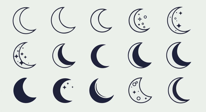 Collection of crescent moon icons, some with stars and circles, in outlines and solid forms