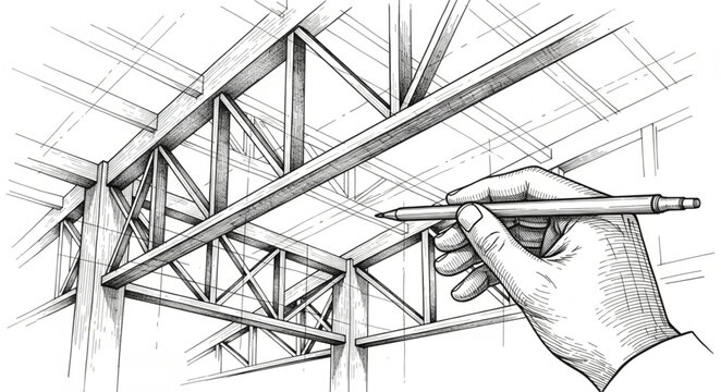 Architectural drawing of a steel truss structure with a hand holding a pencil.