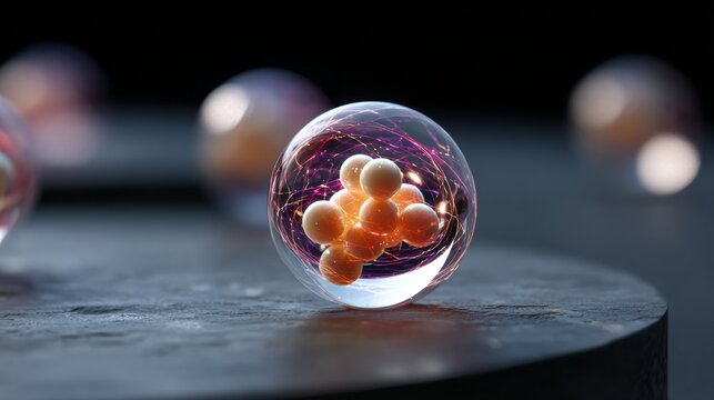 A close-up of a glowing sphere representing atomic structure with vibrant energy.