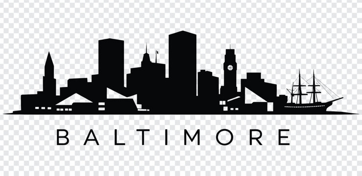 Baltimore city skyline silhouette with ship