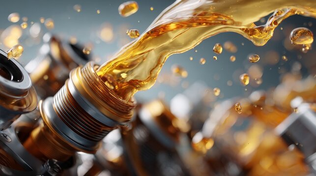 Flowing golden liquid over metallic engine components in a dynamic composition.
