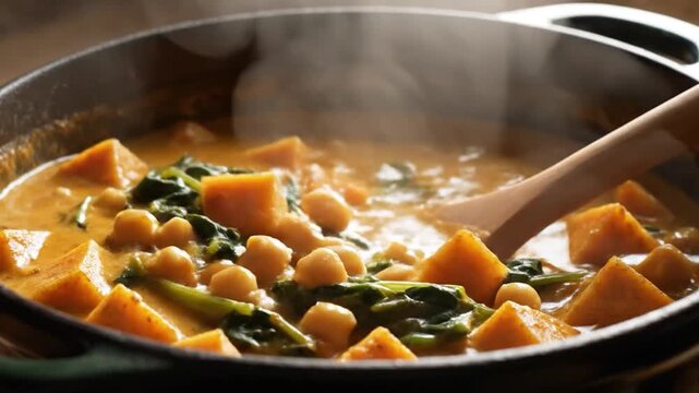 Delicious Sweet Potato and Chickpea Curry Simmering in a Pan.
