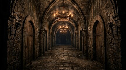 Fototapeta premium Arched doorways line the walls leading deeper into a gloomy empty passage.