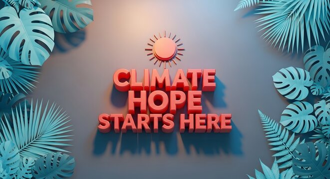climate hope starts here text with tropical leaves and sun high quality professional detailed modern elegant stylish clean crisp vibrant colorful digital