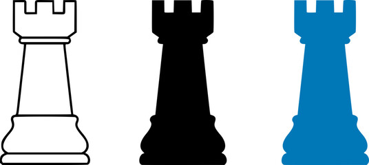 Three colorful rook chess pieces in white, black, and blue, standing side by side on a plain background, symbolizing strategy and gameplay. © SarfarazAhmed