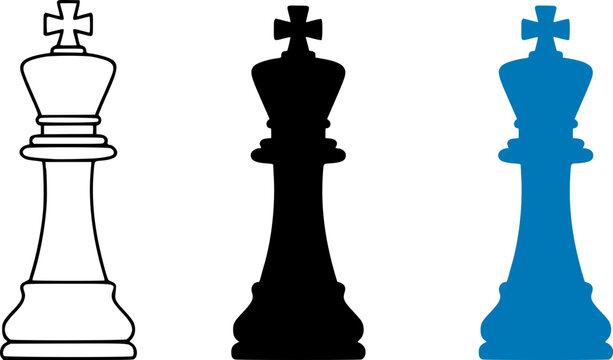 Three chess kings pieces in white, black and blue on a plain background, symbolizing strategy and competition in a game of chess.