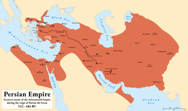 Persian Empire, history map. Greatest territorial extent of the Achaemenid Empire, during the reign of Darius the Great, 522-486 BC. With capitals and the Royal Road, an ancient trade route. Vector