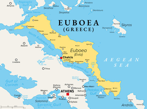 Euboea, Greek island, political map with capital Chalcis. Also known as Evia, the second-largest island of Greece, separated from the mainland by the narrow Euripus Strait and the Euboean Gulf. Vector