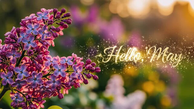 Lilac flowers in bloom with hello may golden text