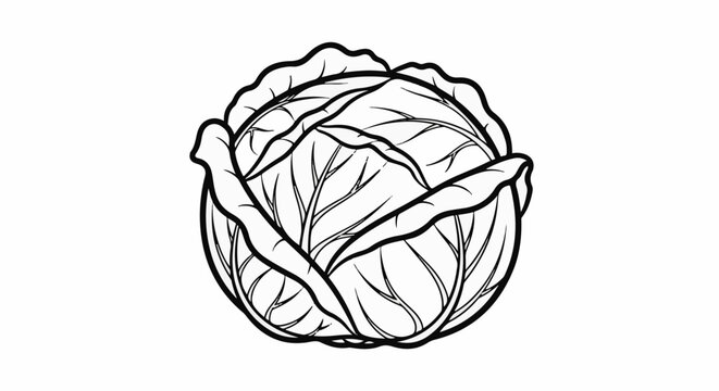 Detailed black and white line drawing of a whole cabbage