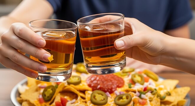 Toasted Glasses Clinking Over Nachos and Salsa