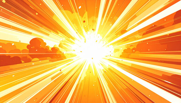 Bright orange explosion with rays of light and clouds