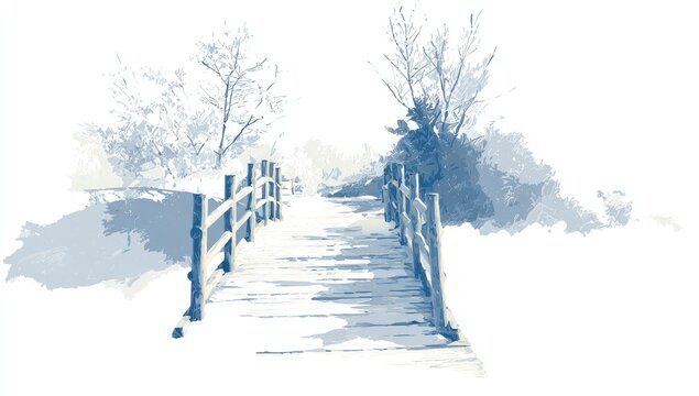 A serene, light-blue watercolor painting of a wooden footbridge in a snowy landscape