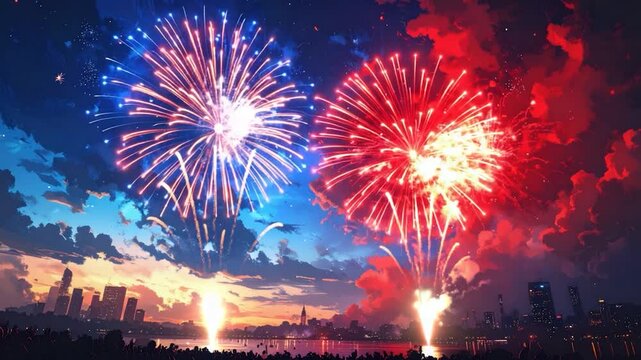 Vibrant fireworks burst over a city skyline at dusk, illuminating the dark blue sky and water