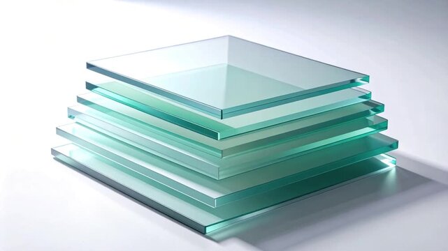 Stack of clear, rectangular glass sheets, layered atop each other with a soft light