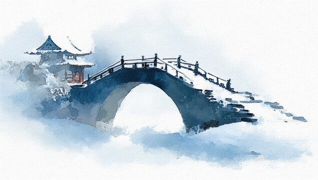 Snow-covered arched bridge with traditional pavilion in misty, watercolor style