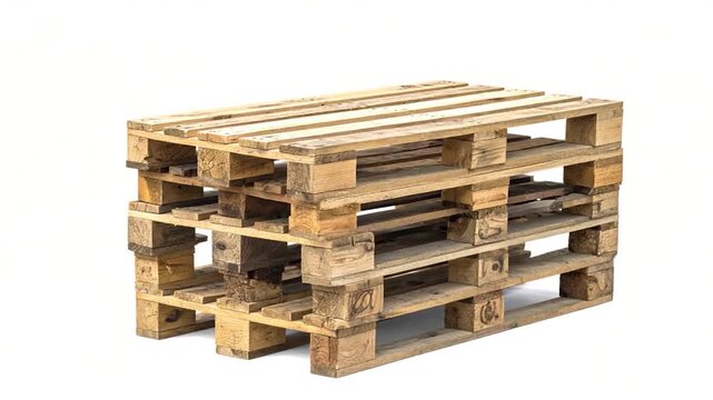Stacked, used wooden shipping pallet isolated on white background, showcasing construction details