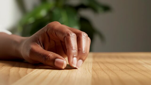 Closeup of a darkskinned persons hand resting on a wooden table