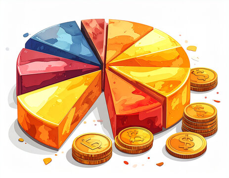 Colorful pie chart and stacked golden coins on white background