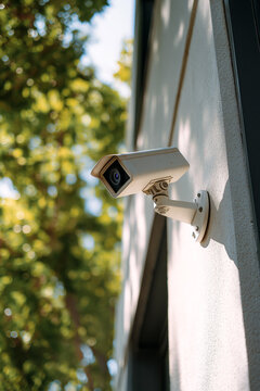 White Security Camera on Exterior Wall with Blurred Trees
