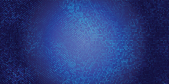 Blue cyber security themed background with abstract square halftone data matrix radiating pattern.