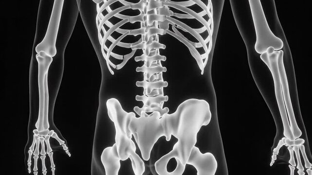 3d medical animation of human skeletal system rotating on black background.