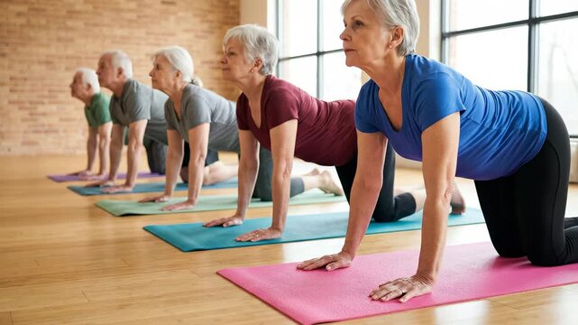 Senior people practicing yoga in a bright fitness studio. Group of elderly men and women doing stretching exercises on mats. Active aging and wellness concept