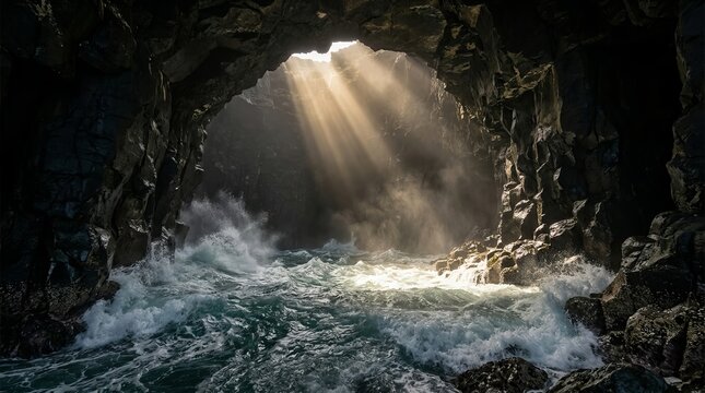 Sunbeams piercing through a dark cavern ceiling to illuminate turbulent ocean waves.
