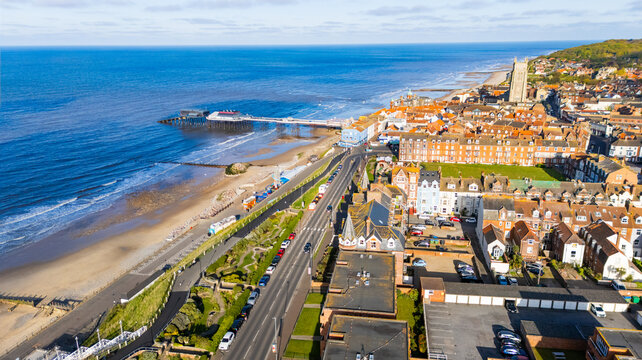 An aerial drone view of the coastal town of Cromer, in North Norfolk in the UK