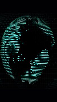 Animated dotted cyan globe rotates smoothly on a dark grid. Dotted cyan globe global network. Dotted cyan globe animation representing earth and international digital connectivity.