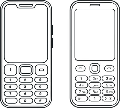 Outline vector illustrations of two classic mobile phones with old fashioned number pad black and white telephone communication technology